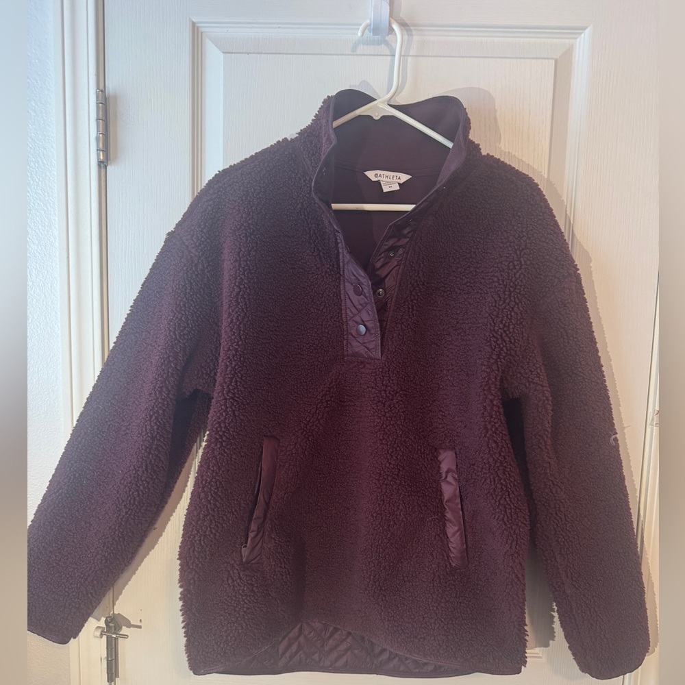 Athleta Cosy Sherpa Snap Pullover Sweatshirt Size M Wine Cabernet